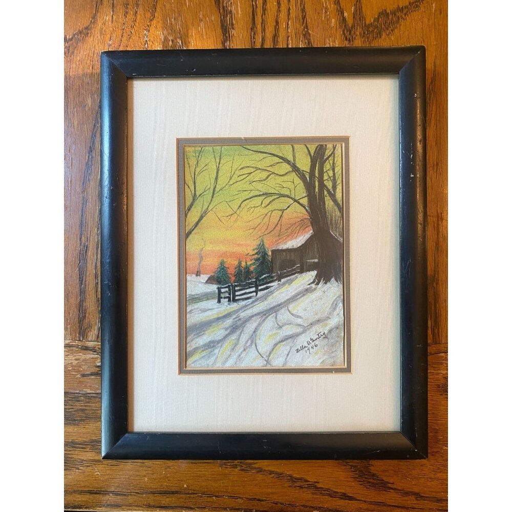 Vintage 1946 Framed Winter Landscape Pastel Artwork By Zella B. Gentry